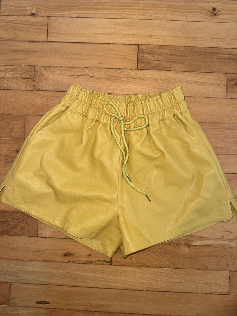 Yellow Drawstring Lightweight Faux Leather Women's Shorts S